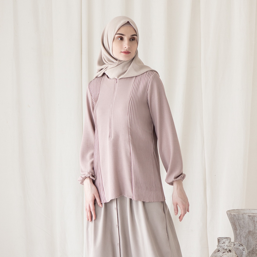 Asmara by Aska Label - atasan wanita plisket blouse wanita pleats bahan crinkle warna lilac, pink mauve, coklat mocca