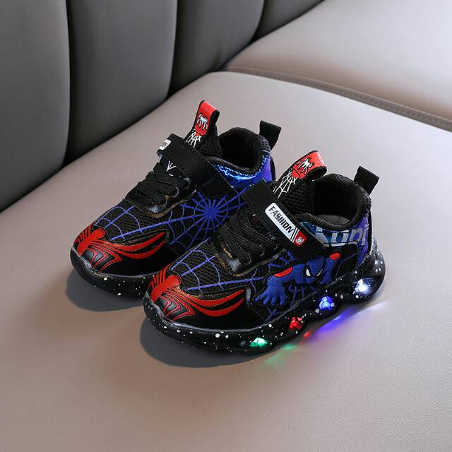 Sepatu anak spiderman new led gliteran manik manik kedap kedip merah// hitam