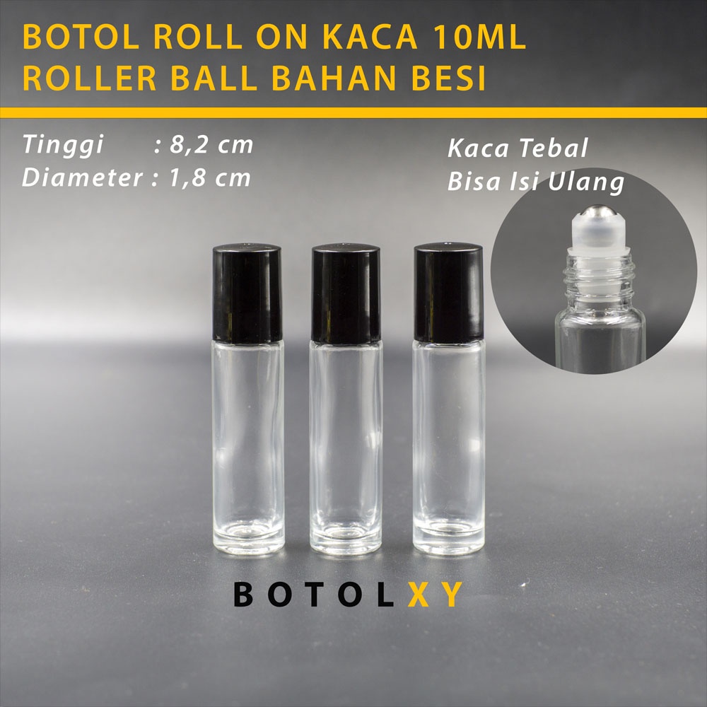 Botol Roll On 10ml Kaca Tebal Transparan Roller Besi - Parfum Refill