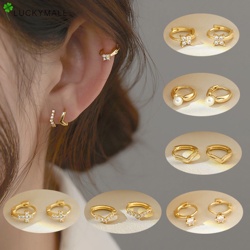 Korea Y2K Kristal Anting Perak Untuk Wanita Vintage Hypoallergenic Mutiara Emas Hoop Earring Perhiasan Aksesoris