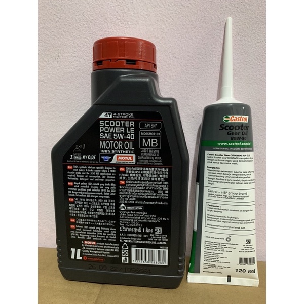 Oli Motul Scooter Power LE Sae 5W-40 Full Shynthetic 1Liter(Orange) &amp; Oli Gardan Motul 120ml / Oli Gardan Castrol 120 Original