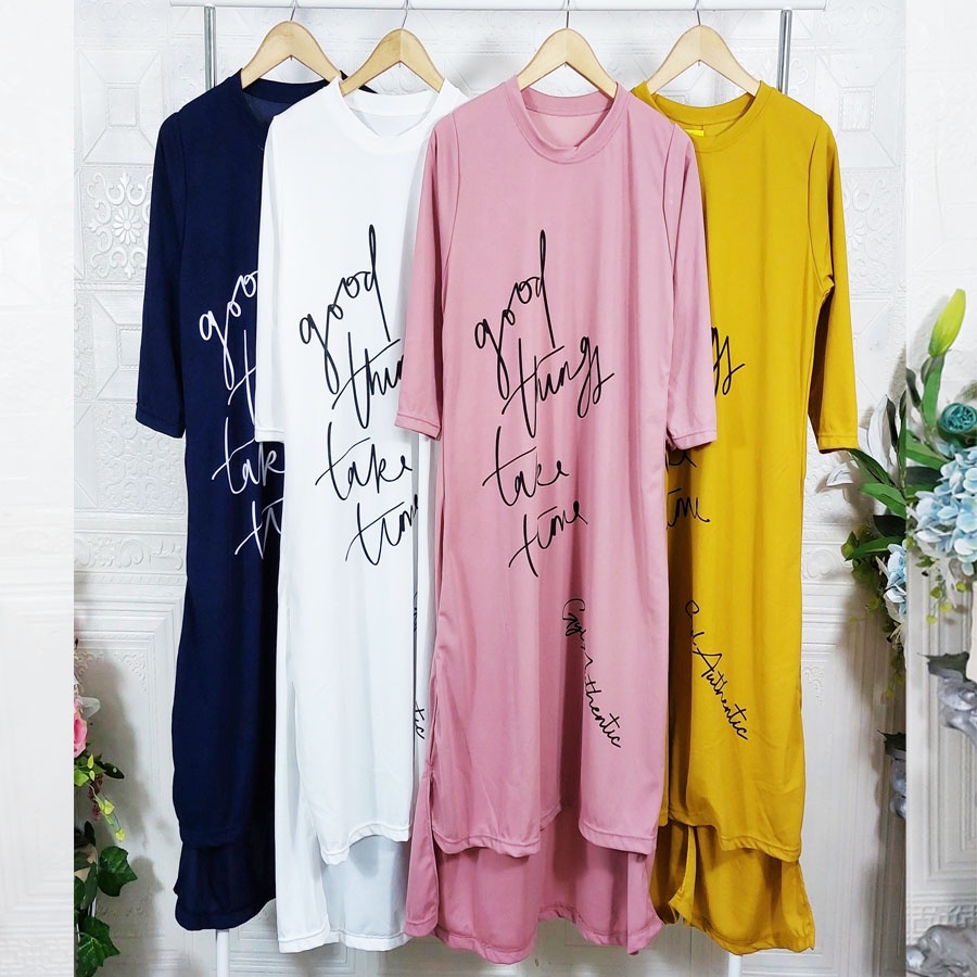 CARLINA GOOD THINGS TAKE TIME LONG TUNIK OVERSIZE DRESS WANITA CANTIK