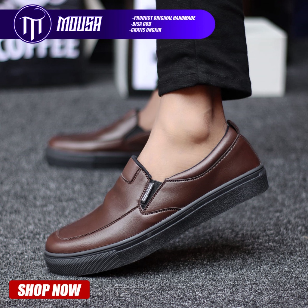 Sepatu Pria Slip On Formal Hitam Kulit Pu Slop Casual Kasual Cowok / Cowo Kerja Kantor Mousa Albd