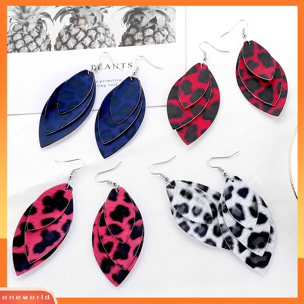 [WONE] Wanita Leopard Triple Layer Bentuk Daun Kulit Imitasi Anting Kait Menjuntai Panjang