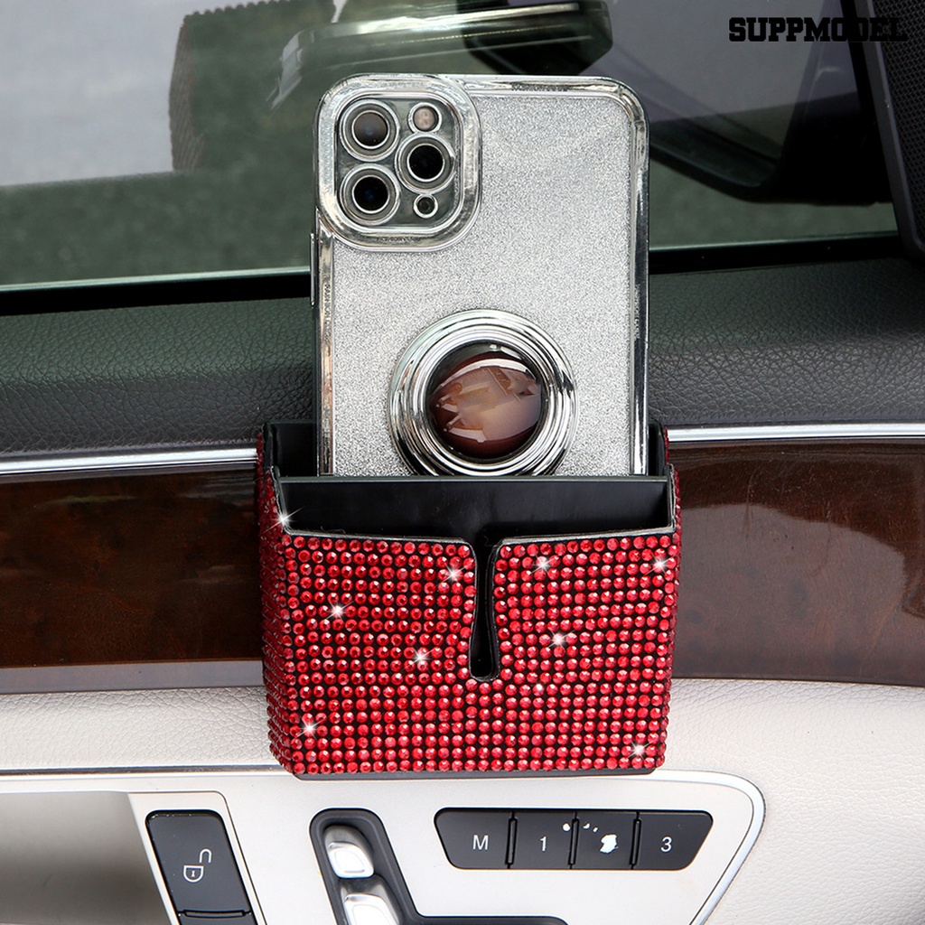 [Dekorasi] Kotak Penyimpanan Mobil 2-kompartemen Tahan Air Anti Jatuh Anti Gores Tempel Jenis Berlian Imitasi Bertatahkan Casing Ponsel Mobil Untuk Kendaraan