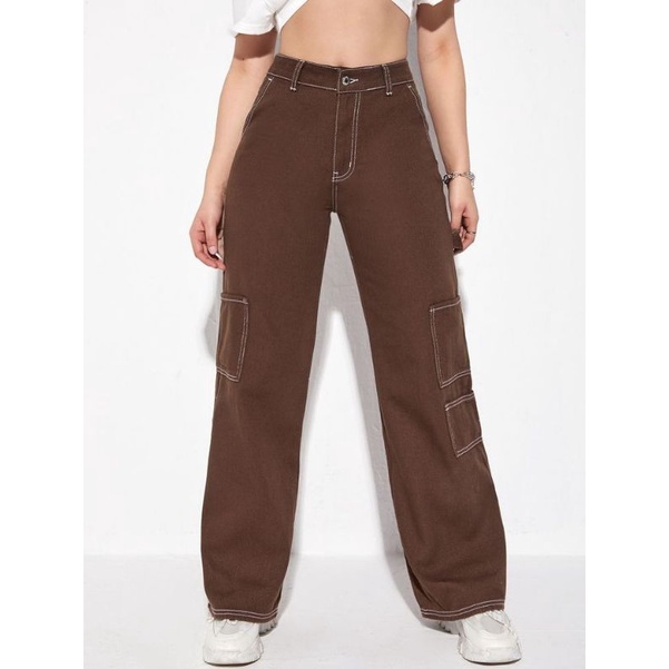 Highwaist Cargo Jeans Brown wanita/pria