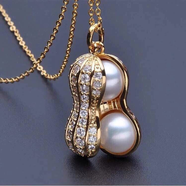 Kalung Liontin Kacang Perhias Fashion Model Mutiara Double Jumbo Emas