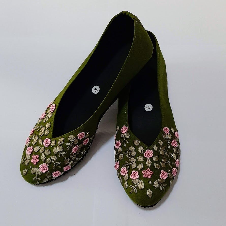 etnik fashion sepatu wanita flat slip on sulam hijau pupus