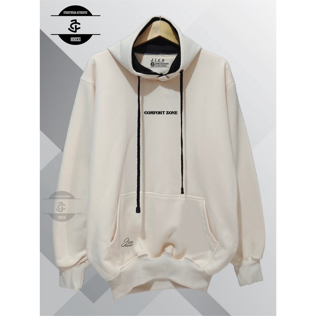 Jaket Hoodie Original Jico Distro Pria Wanita Aesthetic Warna Cream List Comfort Zone  Oversize M L XL XXL Pria Wanita Jaket hudie Unisex Jaket Distro Sweater Dewasa Pakaian Pria Jaket Terbaru Terlaris Terpopuler Lokal Brand Bandung Masa Kini