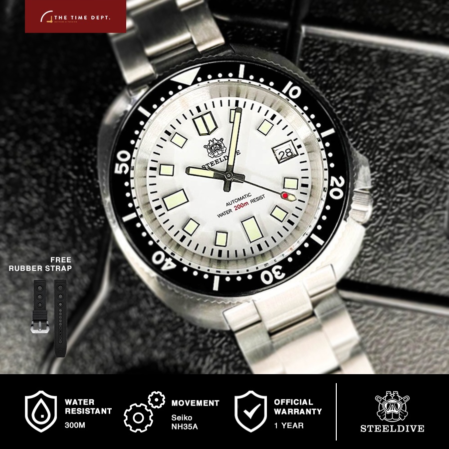 Steeldive SD1974 White Dial Turtle Captain Willard Homage Mesin Seiko NH35 Movement Automatic Jam Ta