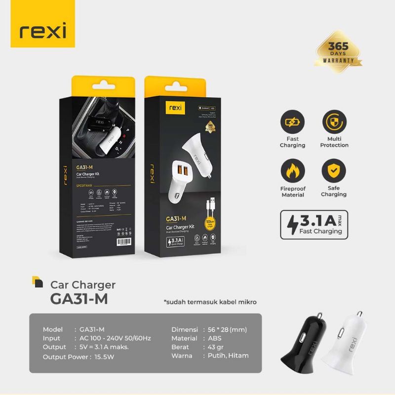 Rexi GA31-M Car Charger 3.1A with Micro USB Cable