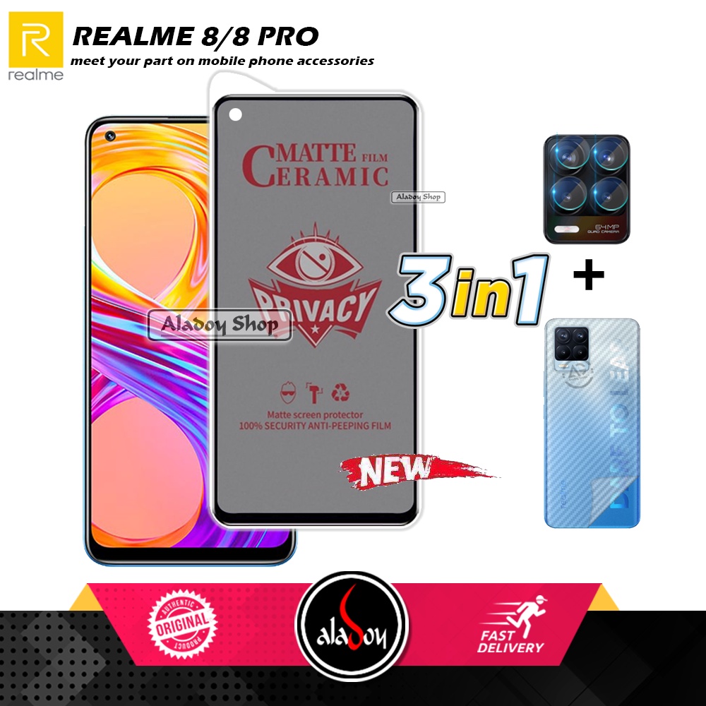 Tempered Glass Anti SPY Realme 8/8 Pro Anti Gores Privacy + Tempered Glass kamera dan Skin Carbon