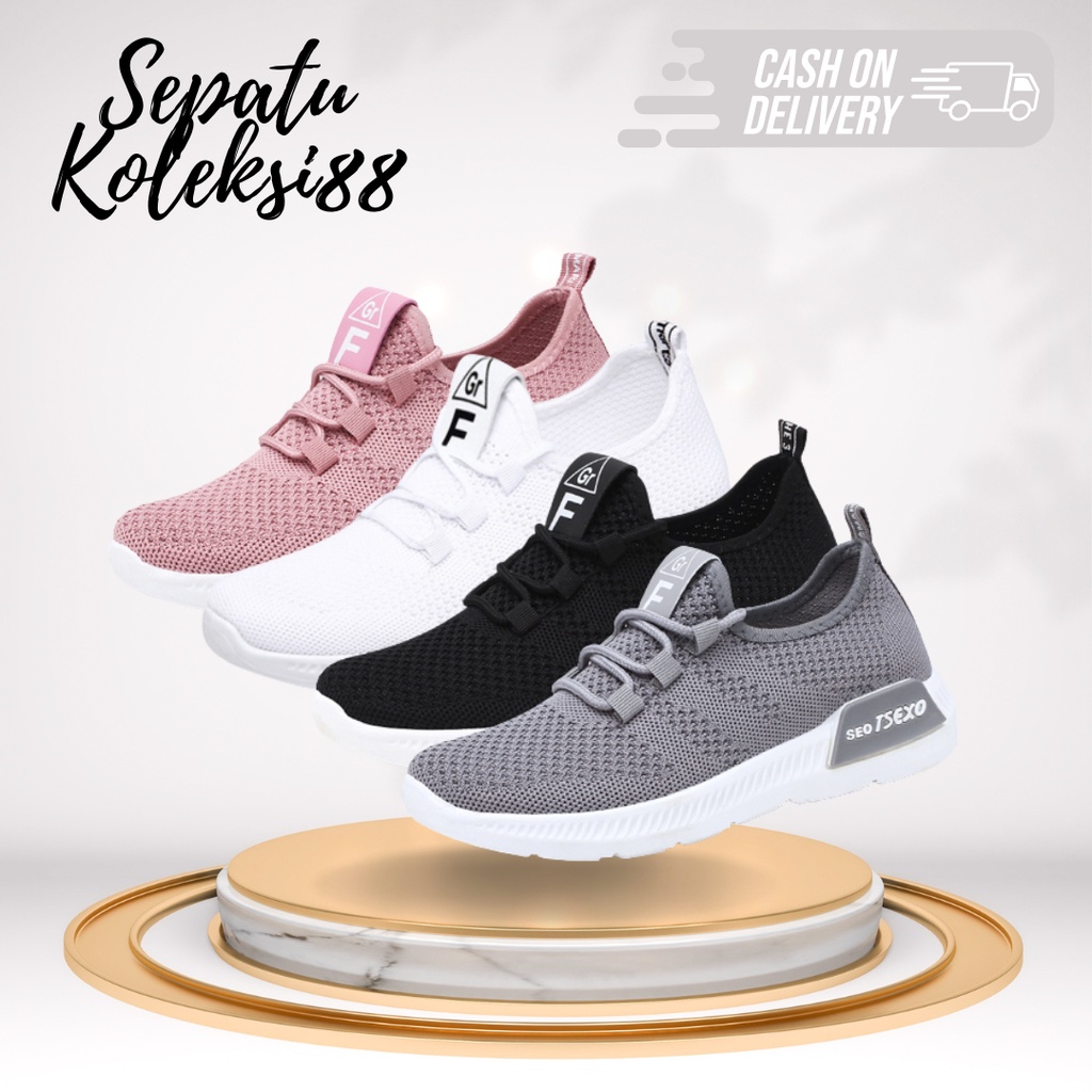 Cuci Gudang  Sepatu Sneakers Wanita Sk H5 Fashion Sport Shoes Olahraga Bahan Rajut Warna Hitam