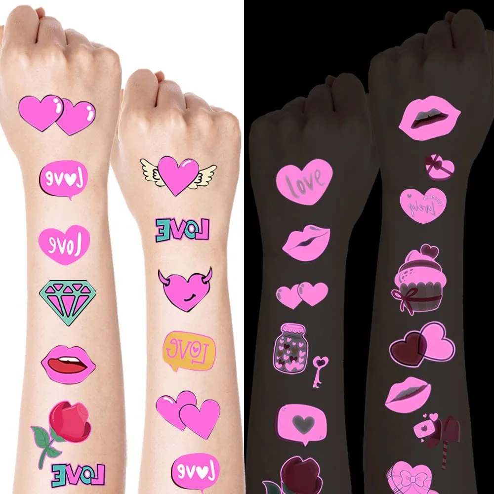 [Warna Random] Hari Valentine Tahan Air Tato Fashion Wanita Jari Lengan Wajah Bersinar Tato Cinta Hati Bercahaya Tato Stiker Pink Hati Glow Tato Temporer