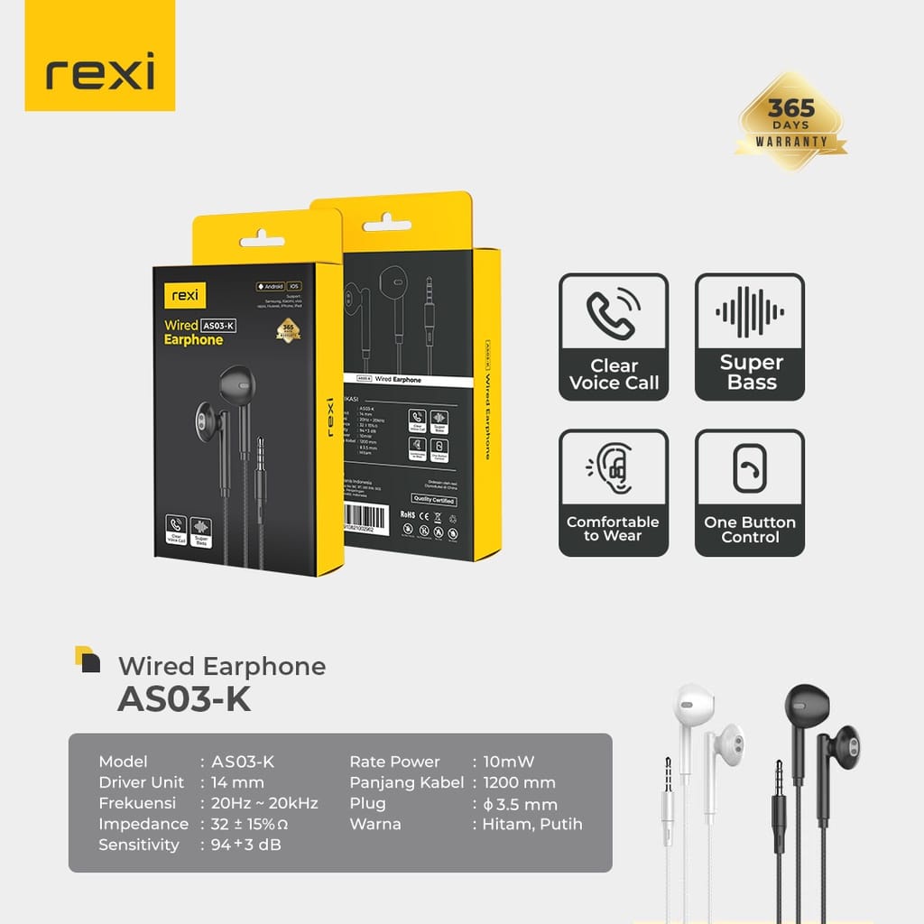 Heandset Earphone Wired Rexi AS03-K 3D Stereo Super Bass AS03 K Hansfree REXI