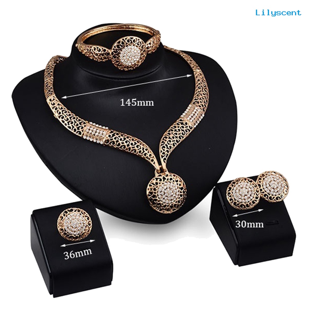 [LS] 4pcs/set Perhiasan Set Hollow Bulat Liontin Berlian Imitasi Dekorasi Alloy Wanita Fashion Perhiasan Set Untuk Hadiah