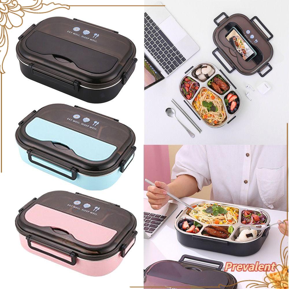 Preva Lunch Box Microwavable Rectangle Grid Untuk Pelajar Pekerja Kantor Dengan Sendok Wadah Makanan