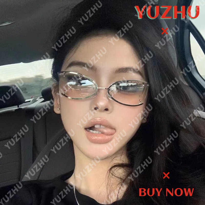 (YUZHU) Y2k Futuristik Gaya Teknologi Logam Mata Kucing Berongga Kacamata Hitam Wanita Mode Barat Babes Mercury Flake Sunglassess