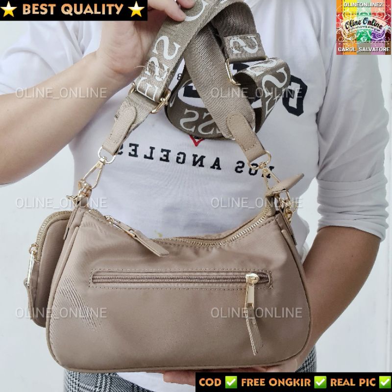 (WODB) tas NEO nylon crossbody with small pouch rantai gold chain logo straps khakis black gs cream gb shoulder bag jinjing hand carry