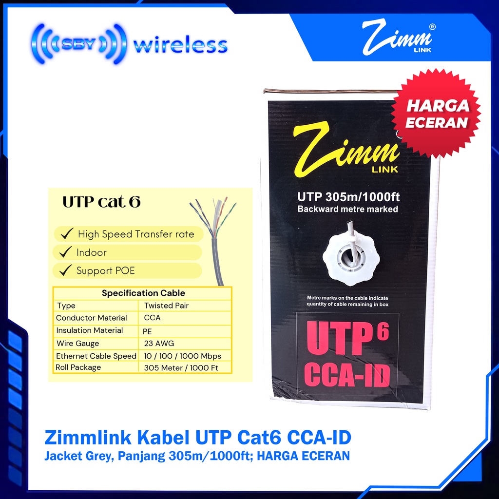 Kabel UTP Cat6 CCA-ID Zimmlink Eceran