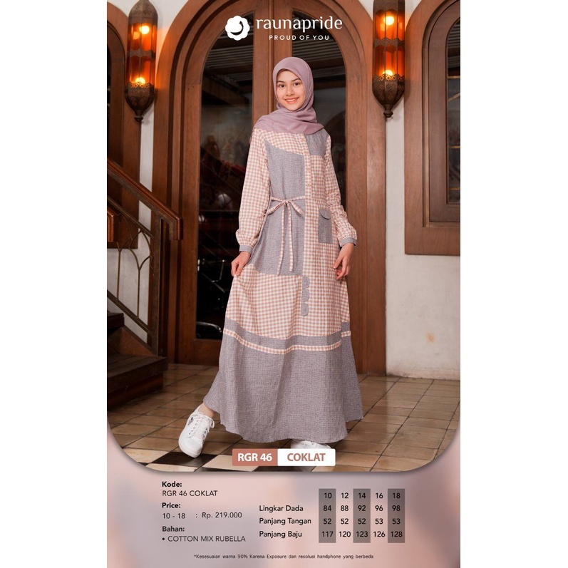 Rauna Gamis RGD 46 - RGA 46 - RGR 46 COKLAT / Fashion Muslim Gamis Dewasa - Anak - Remaja / Baju Muslim