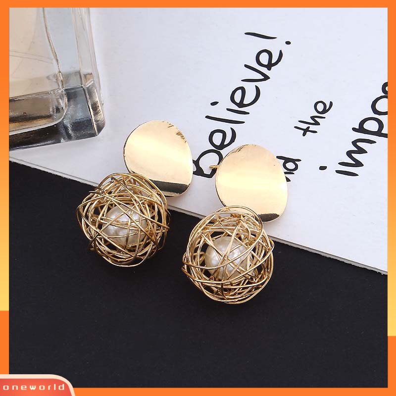 OW@ Women Fashion Geometric Woven Hollow Ball Faux Pearl Drop Earrings Jewelry Gifts