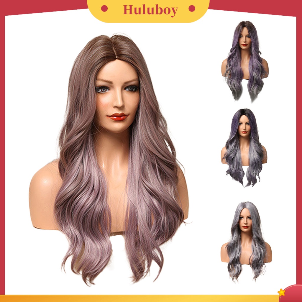 Wig Cosplay Model Panjang Gelombang Warna Gradasi Ungu Ombre Campuran Dengan Lengan Mesh Untuk Wanita
