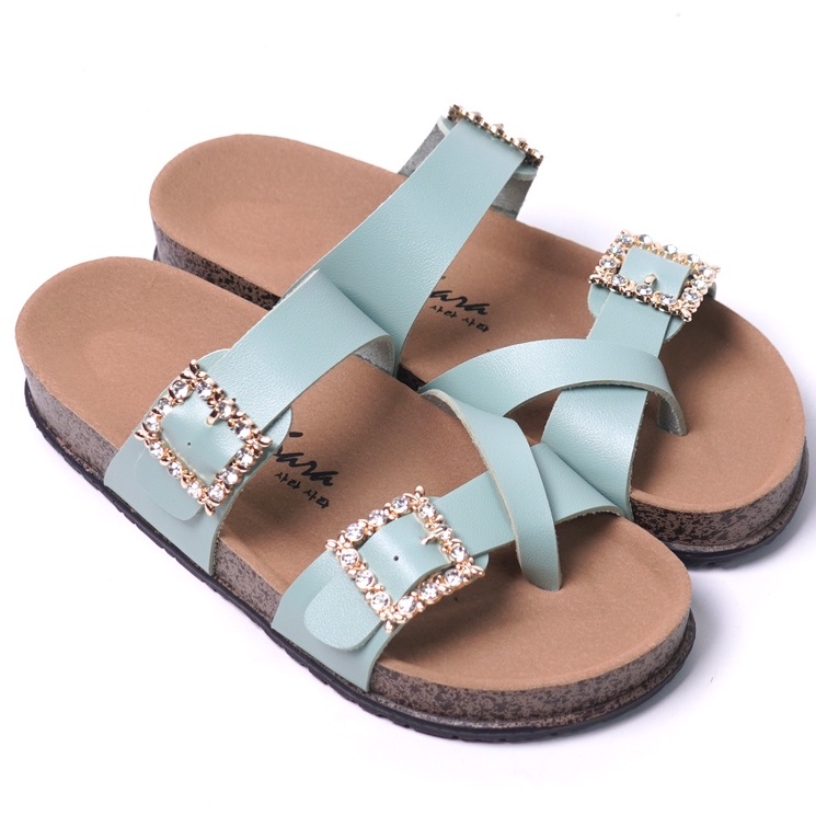 SARASARA YUK - Sandal Wanita Slop Casual Model Birken Sol Puyuh SARA SARA KIARRA Sendal Selop Cewek Kulit Santai Strap Gesper Ban dua Empuk Size 36 37 38 39 40 Warna Hijau Green Sage Anti Slip Premium Original Kekinian Terbaru Shoes ORI Mall Official Stor