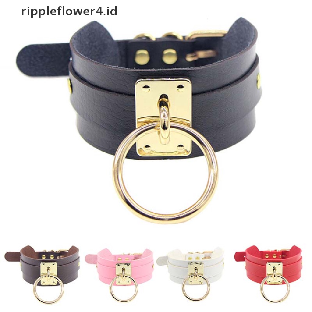 {rippleflower4.id} Punk Gothic Lebar Kulit PU O Ring Kerah Choker Kalung Wanita Fashion~