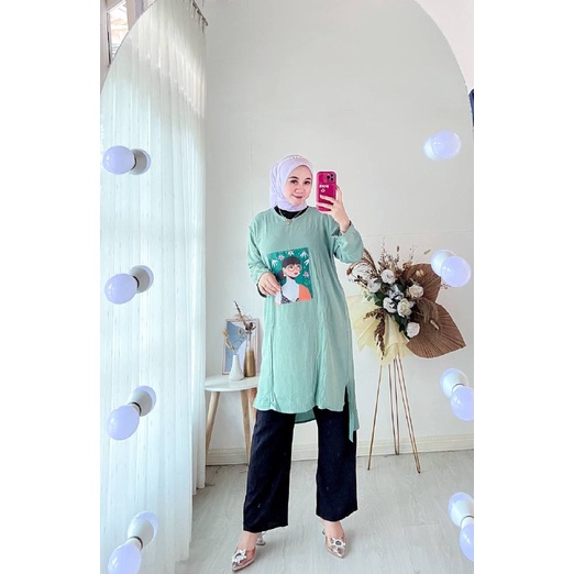 Fara Blink Setelan Tunik Terbaru One Set Rayon Polos Muslim Wanita Kekinian