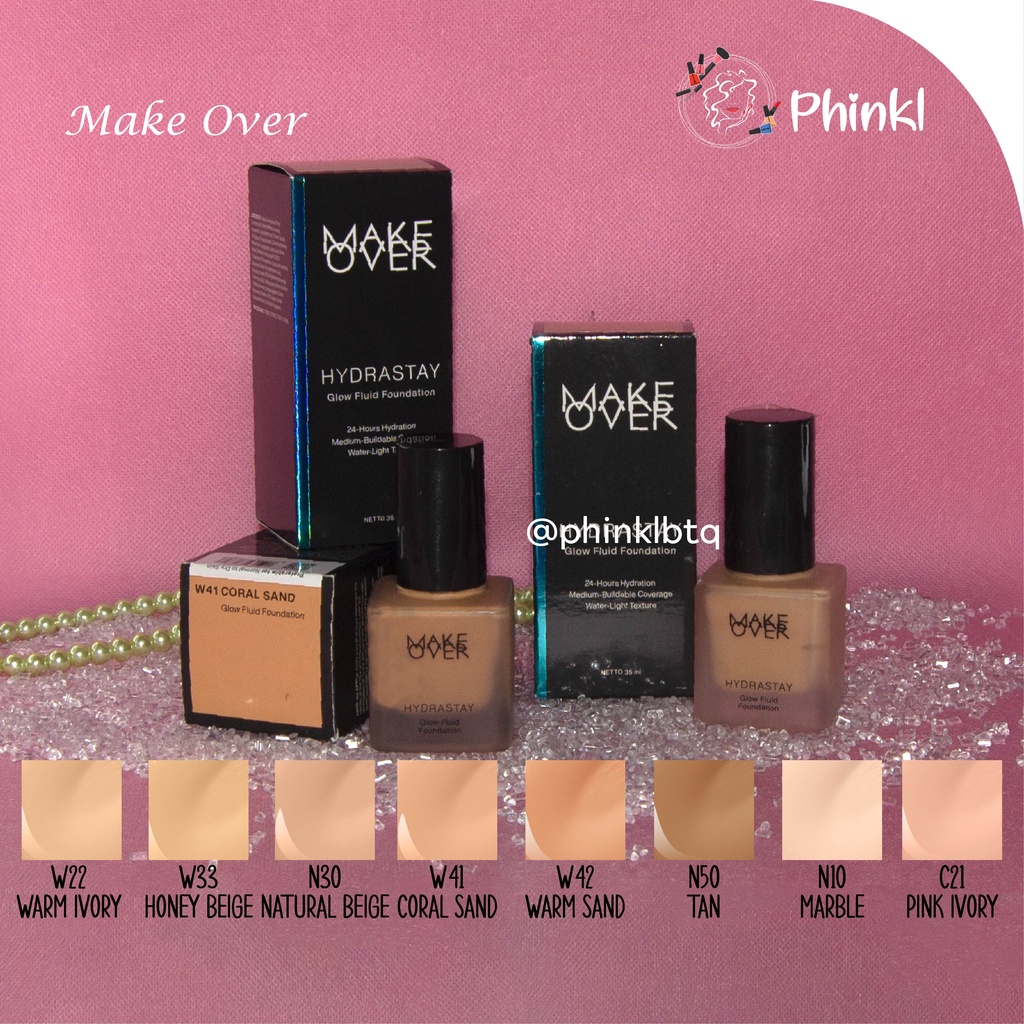 `ღ´ PHINKL `ღ´ 🅼🅰🅺🅴 🅾🆅🅴🆁 MAKE OVER Hydrastay Liquid Glow Foundation alas bedak full coverage