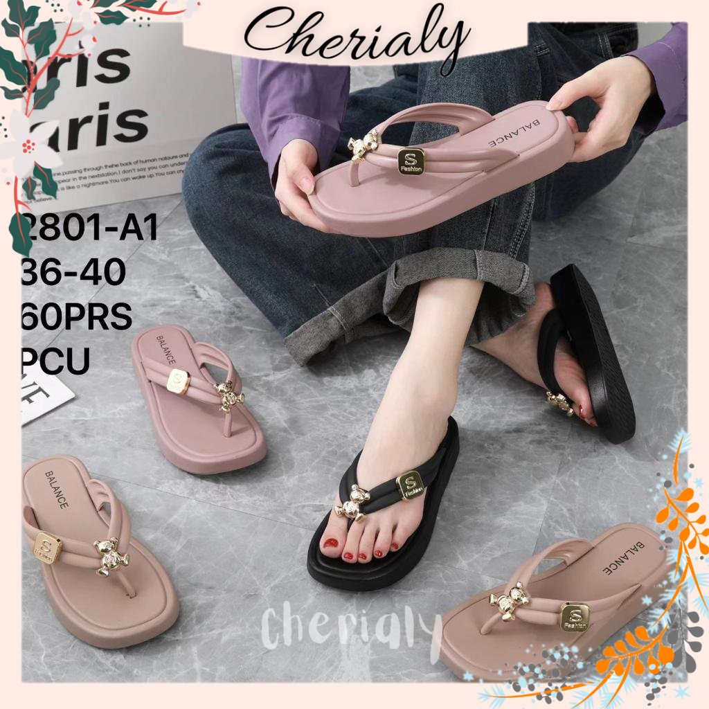 PVC Sandal Jepit Wanita Karet Import Motif Gold Bear Empuk Elastis Rubber Non-Slip Sol BALANCE 2801-A1