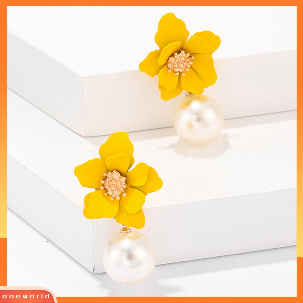 OW@ Women Fashion Flower Faux Pearl Pendant Ear Studs Party Earrings Jewelry Gift