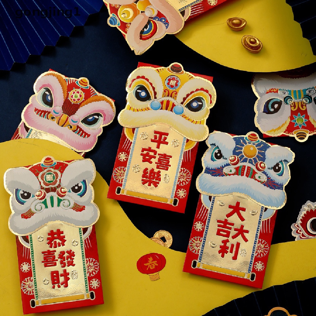 Ggg 6Pcs 2023tahun Kelinci Kartun Uang Keberuntungan Lion Dance Amplop Merah Tiga Dimensi Bless Bag Festival Musim Semi Hongbao ID