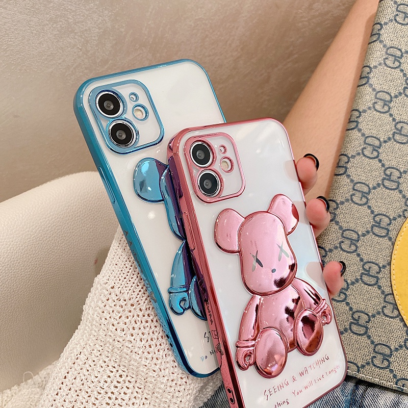 IPHONE Fashion Bear Plating Casing Ponsel Untuk Iphone13Mini12 11 Pro Max XS XR X8 7 6 6S Plus Se2020 Transparan Silikon Full Cover