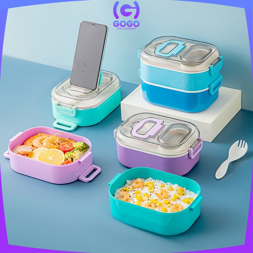 GOGO-C696 Tempat Makan Set 2 Tingkat Anti Tumpah / Lunch Box Susun Free Sendok Portable / Kotak Bento Tingkat Dengan Pegangan Set BPA FREE  VARIASI