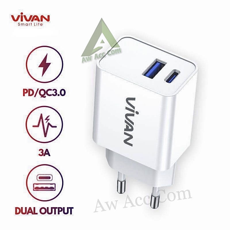 (VIVAN-25W) POWER ADAPTER CHARGER DUAL PORT USB A DAN USB C PD FAST CHARGING QC3.0 25 WATT S20/S21 FE/A33/A53/A72/M52/XR/11/12/13/PRO MAX