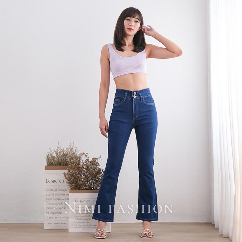 NIMI - Ivey HW Celana Jeans Cutbray Highwaist Stretch Wanita Denim Blue