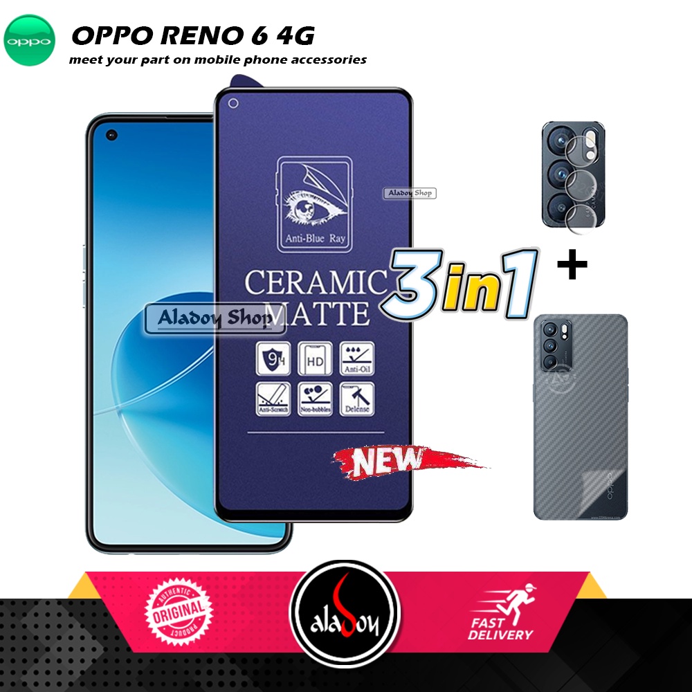 PAKET 3IN1 Anti Gores Blue Matte Anti Glare Oppo Reno 6 4G + Tempered Glass Camera dan Skin Carbon