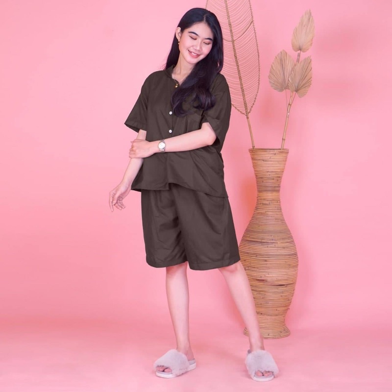 Setelan Wanita Piyama Polos Jumbo Pendek WARNA RANDOM | Full Kancing WARNA RANDOM | Baju Tidur Wanita | Premium Quality | COD