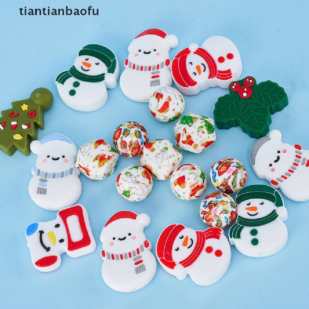 [tiantianbaofu] 1 Pcs Santa Claus Snowman Kaus Kaki Natal Manik-Manik Silikon Food Grade Silicone Teether DIY Dot Rantai Kalung Bayi Molar Butik