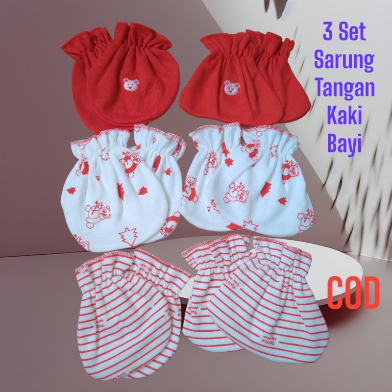 3 Set Sarung Tangan Kaki Bayi Baru Lahir Newborn Seri Merah