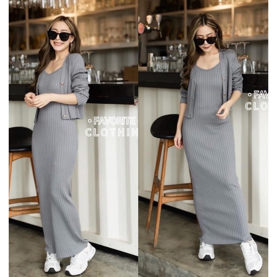 Dress Mmacelii + Cardi - Long Dress Rajut Wanita