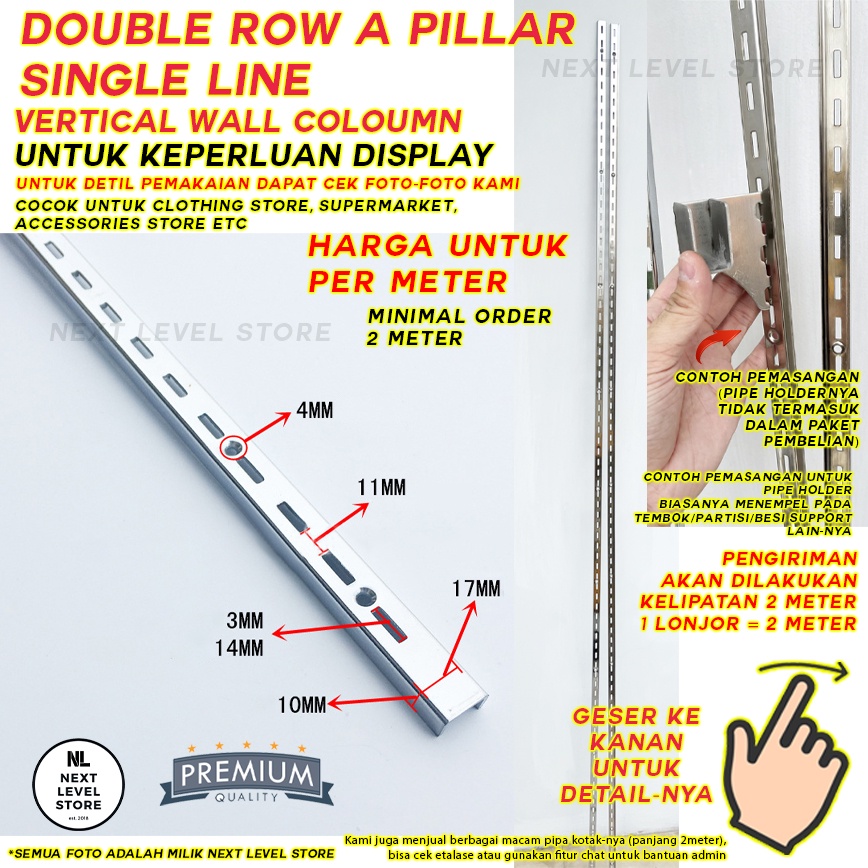 Pillar Double Row A3 - Display Hook Cantolan Single Line (1meter) - Minimal beli 4 lonjor / 8 meter - cek deskripsi