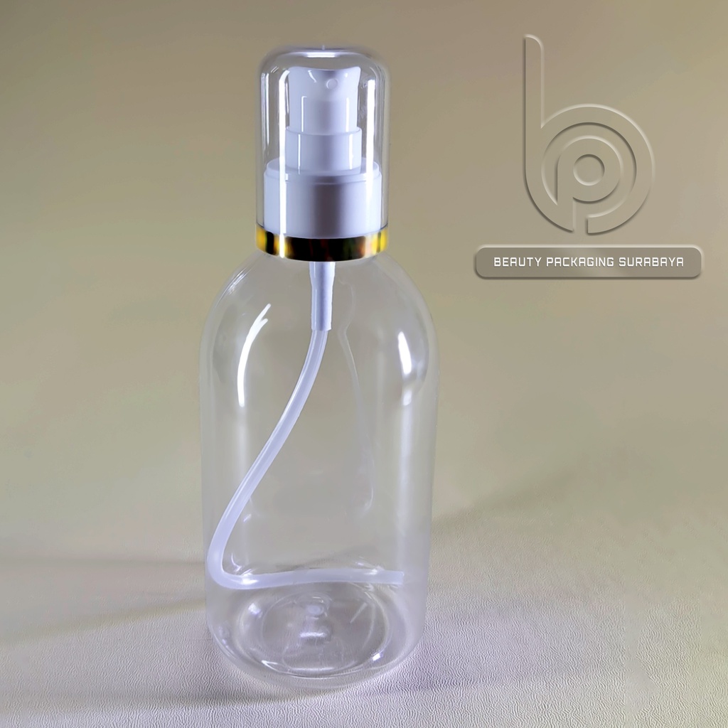 Botol plastik 250ml Oval bening tutup pump treatment FC Putih