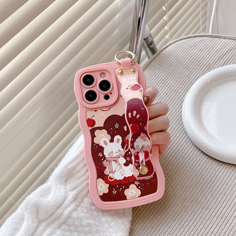 Wave Wrist strap Leather Soft Case iPhone 6S 7 8 Plus XR XS Max 11 12 13 14 Pro Max 14 Plus Protect Phone Case Cute Cherry Rabbit Pink