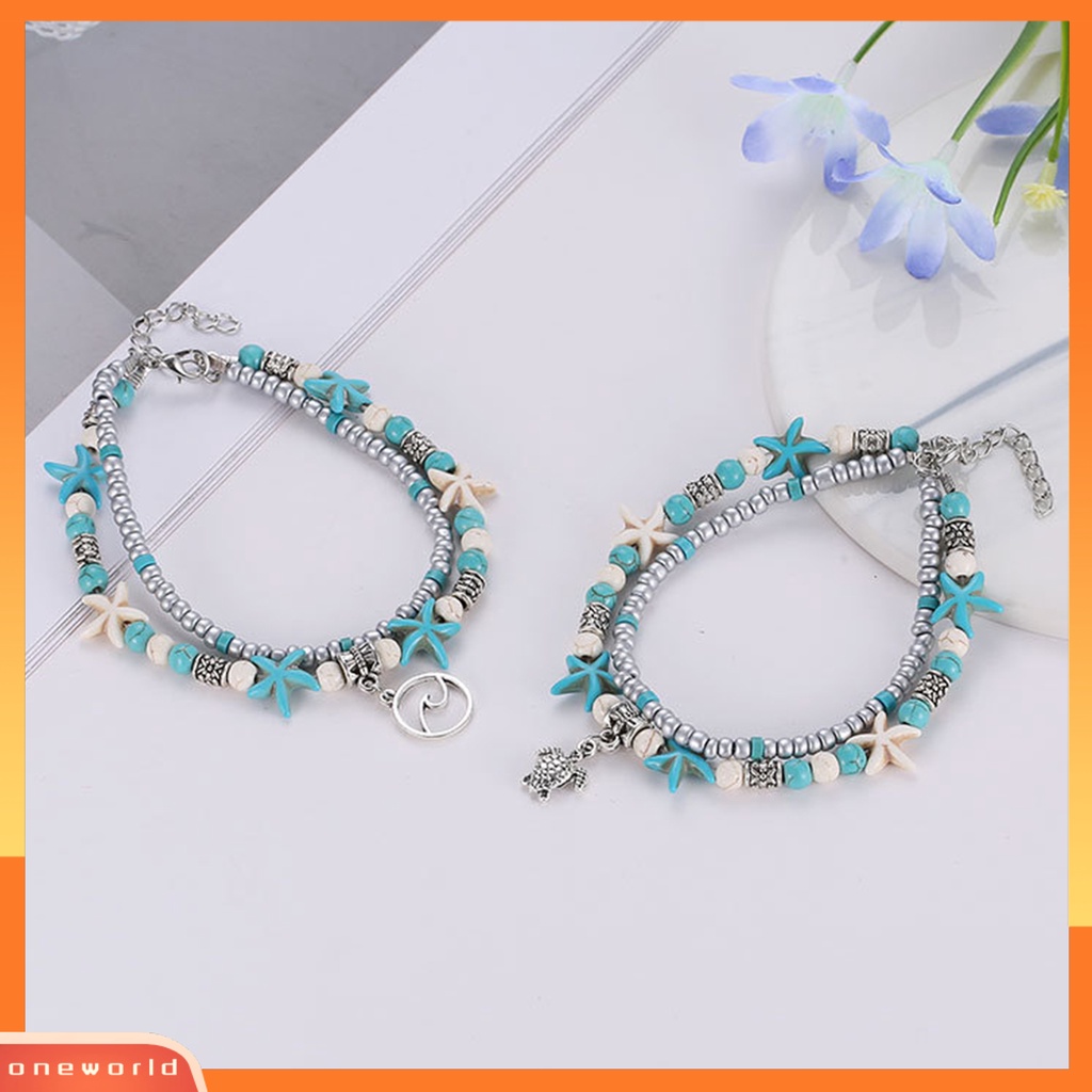 [WONE] Bintang Laut Double Layer Wanita Gelang Kaki Alloy Bohemia Beads Adjustable Foot Rantai Hawaii Perhiasan