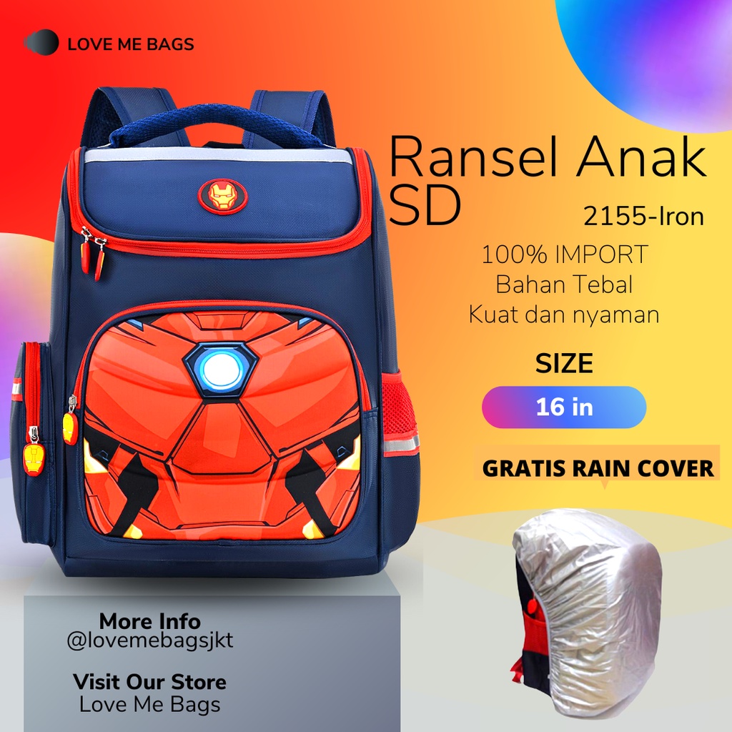 LMB Tas Anak Sekolah Laki Laki SD Import Bahan Nilon Premium Karakter Superhero Timbul 6D Tebal Gratis Raincover