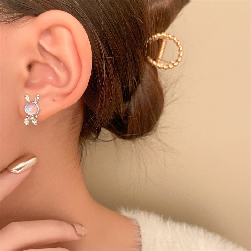 Korea Baru Moonstone Rabbit Earrings Mini Fashion Perak Kelinci Anting Wanita Tahun Baru Perhiasan Lucu