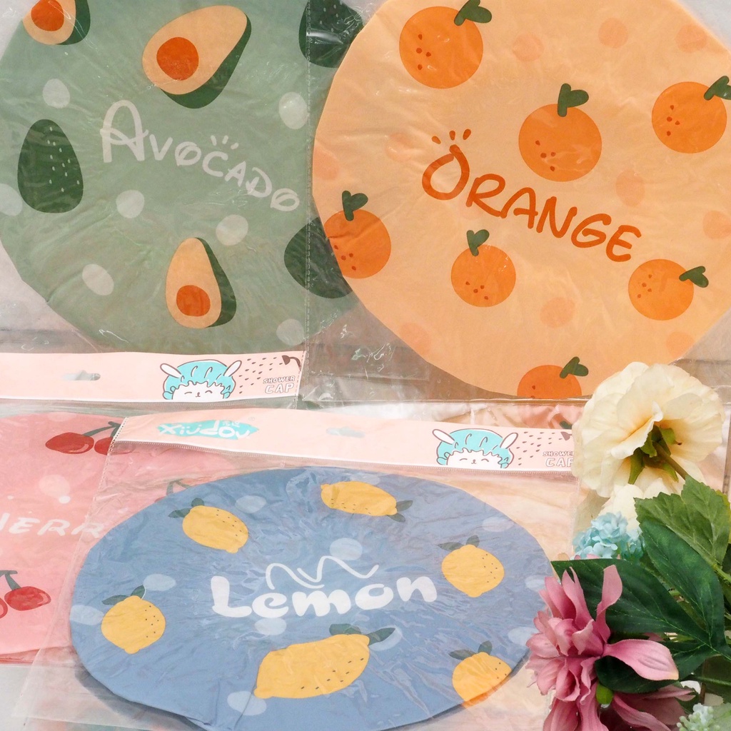 Shower Cap Karakter Motif Buah Penutup Rambut Kepala Mandi Topi Keramas Anak Dewasa Waterproof